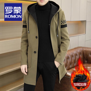 Romon trendy hooded windbreaker men's autumn and winter new style fashionable and handsome casual coat velvet thickened cold warm jacket 37 khaki velvet xl 125-140jin jin is equal to 0.5 kg