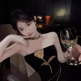 Tz3366 delicate french sequin flower velvet tube top for women, high-end slim and chic top, black s