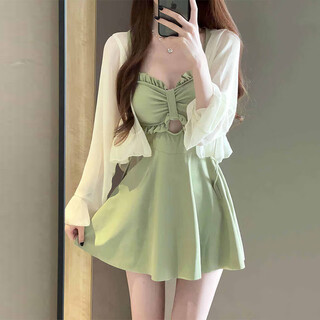 Shijanu swimsuit women's one-piece suspender two-piece sun protection long-sleeved small coat dress conservative hot spring swimsuit slimming vacation light green one size fits all (recommended 70-120 jin jin equals 0.5 kg) wholesale please buy one size