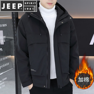 Jeep spirit autumn and winter jacket men's cotton jacket thickened second cotton warm hooded cotton jacket casual cotton clothes c12 black m recommended 80-100jin jin is equal to 0.5 kg