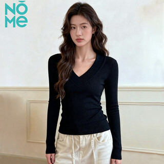 Nome autumn and winter thickened large v-neck right shoulder bottoming shirt women's top waist slimming slightly flared cuffs long-sleeved t-shirt black 2xl