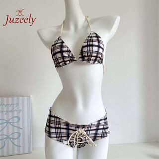 Juzeely european and american style new internet celebrity same style american hot girl bikini plaid small breasts beach vacation sexy swimsuit for women plaid bikini without skirt l