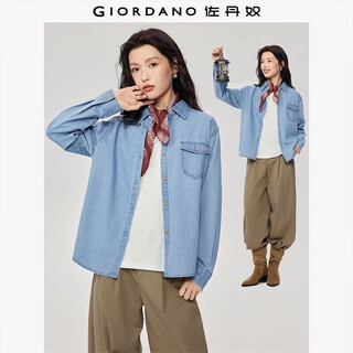 Giordano denim shirt women's retro style pure cotton washed single pocket long sleeve denim shirt 13345862