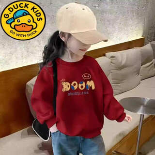 G.duck little yellow duck red girls' sweatshirt with velvet for autumn and winter, thickened, western-style children's kindergarten class uniforms for middle-aged and older children, round, ankola red-ooom, spring and autumn without velvet, 90 cm