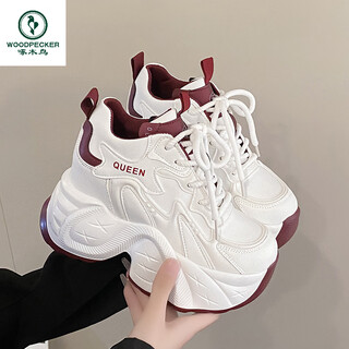 Woodpecker 10cm height increasing dad shoes for women 2025 autumn and winter new style thick sole heightening small feet showing small feet sports casual shoes burgundy 38