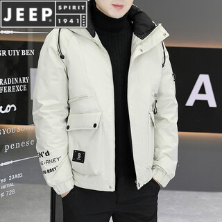 Jeep spirit winter cotton jacket men's korean style fashionable hooded cotton jacket short solid color thickened warm down cotton jacket 8368 beige white hooded cotton jacket l