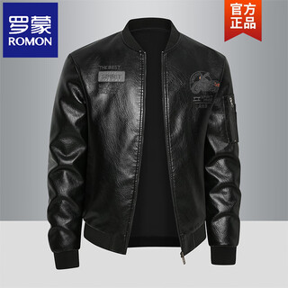 Romon leather jacket men's baseball collar plus velvet thickening loose casual trendy handsome leather jacket embroidered motorcycle jacket black no velvet 812x 6xl