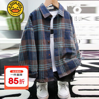 G.duck boys' shirt long-sleeved spring 2026 new style korean style medium and large children's spring and autumn boys' shirt tops trendy navy plaid shirt 150 (suitable for heights around 140cm)