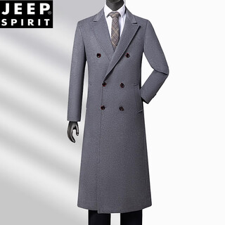 Jeep spirit autumn and winter new woolen coat men's woolen coat men's long double-breasted over-the-knee solid color wool windbreaker trend gray m 170-