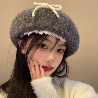 Lamb wool bow lace gray beret women's 2024 autumn and winter warm and showy little painter hat versatile hat gray m (56-58cm