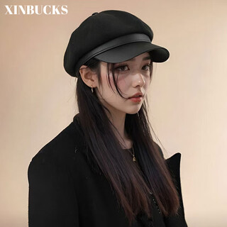 Xinbucks korean style beret women's four seasons literary british retro solid color octagonal hat ladies newsboy hat high appearance black one size fits 55-59cm