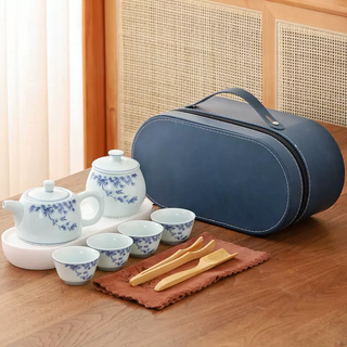 Yusenyi outdoor travel tea set tea cup blue and white porcelain kung fu teapot retro home portable bag souvenir blue and white jinglan pot travel tea set blue leather bag