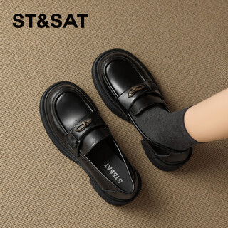 Saturday thick-soled loafers women's shoes 2026 spring new brown non-tiring one-on-one british style small leather shoes black heel height 4cm 35