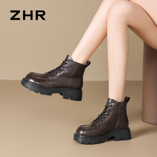 Zhr martin boots women's velvet warm snow boots women's 2025 winter new cotton shoes non-slip waterproof knight slim shoes brown 38