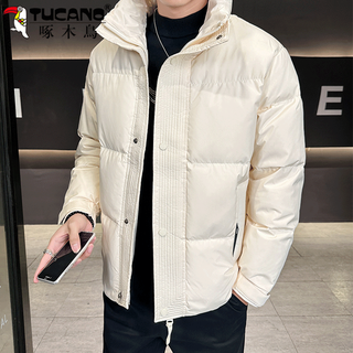 Woodpecker national standard white duck down jacket for men 2025 new thickened and warm, trendy solid color winter stand-up collar jacket for middle-aged and young people, white l (recommended 125-140jin jin equals 0.5kg)