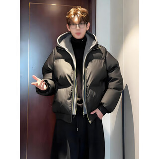Main idea (zhuyifan) american fake two-piece pu leather down jacket for boys in winter handsome jacket double zipper thickened bread jacket black m (recommended 100-115 jin jin equals 0.5 kg)