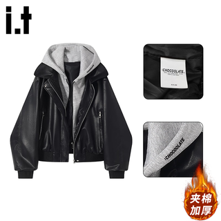 Chocoolate it women's black fake two-piece hooded leather jacket for women autumn and winter new style high-end loose pu leather jacket black fake two-piece plus velvet m