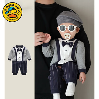 G.duck baby boy one-year-old dress autumn new infant long-sleeved jumpsuit autumn full month baby clothes for a hundred days outing blue tie romper 59cm (recommended 12jin jin equals 0.5kg)