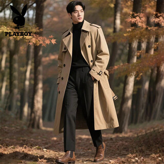 花花公子（PLAYBOY）高端英伦风加长款战壕风衣春秋男士双排扣商务休闲帅气大衣潮 卡其色 XL