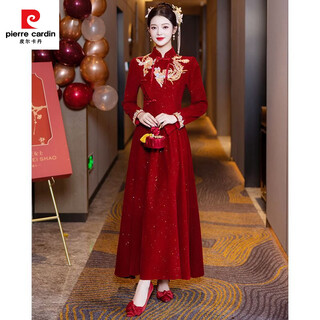 Pierre cardin winter toast wear bridal feeling burgundy long sleeve velvet engagement wedding dress chinese cheongsam suit burgundy suit s