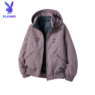 Playboy trendy zipper large pocket windproof cotton jacket men's hooded drawstring warm cotton jacket winter new warm jacket aurora purple xl