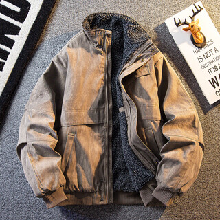 Kuraishi kazuki retro lamb velvet stand collar cotton jacket men's winter warm plus velvet thickened work jacket cotton coat khaki xl