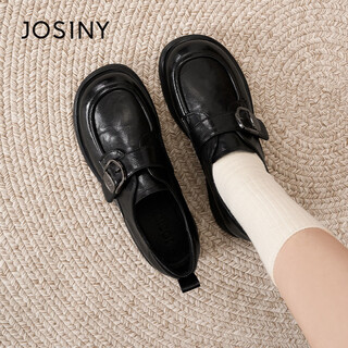 Zhuo shini 2026 spring new british style loafers women's black belt buckle thick heel increased versatile small leather shoes black 38