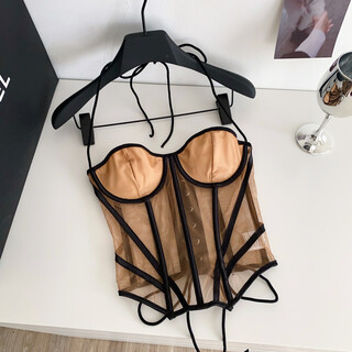 European and american fashion contrasting color halter strap tube top female sexy hot girl mesh strap fishbone on camel s