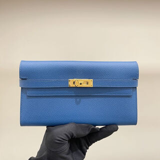 Hermes (hermes) second-hand 95 new hermes (hermes) kelly long wallet blue gold buckle epsom leather q-engraved no accessories