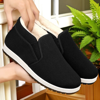 Old beijing cloth shoes men's winter thickened warm non-slip casual cotton shoes for middle-aged and elderly people black (plus velvet) 42