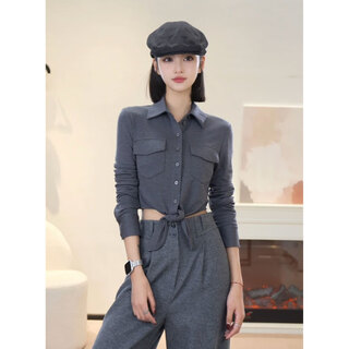 Girdear women's autumn and winter petite lapel long-sleeved fashionable versatile high-end slim shirt 130145 gray s (2)