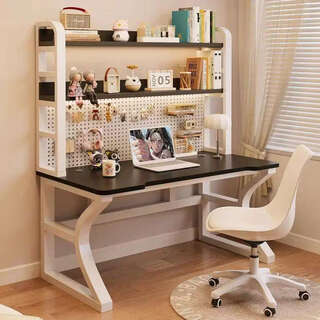 Yusenyi computer desk home bedroom student desk bookshelf integrated with storage study table black and white tone double layer perforated board 25mm thickened solid wood desktop 100x60x75cm