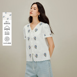 Inman (inman) inman linen cotton strap v-neck embroidered shirt 2026 spring women's new fresh short-sleeved top pearl white xl