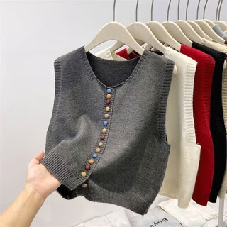 Light luxury quality, stylish rainbow button knitted round neck pullover vest, fashionable layered sweater vest, gray (high quality version) m (recommended 90-120 jin jin equals 0.5 kg)