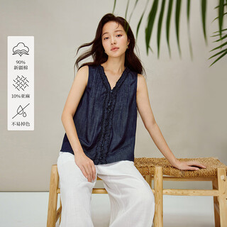 Inman (inman) inman linen cotton original color fungus sleeveless denim shirt 2026 spring women's new baby doll shirt dark denim blue xl