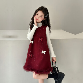 Lebanbi children's clothing, girls' woolen skirt, autumn and winter new year's greetings dress, fashionable dress, birthday dress, thickened velvet new year's dress, white base + woolen skirt 140 (suitable for height 135cm)