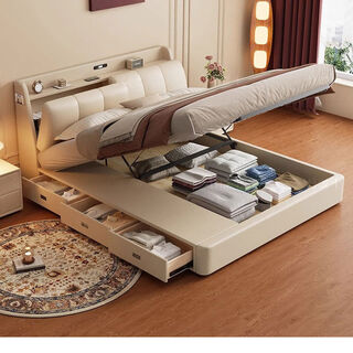Modern simple leather bed for the master bedroom, high-end and elegant double soft-packed drawer storage leather bed, light luxury soft-packed bed for the master bedroom, zunhuang version, naidifen cowhide leather bed + 20cm latex coconut palm mattress, hard 1800mm*2000mm air pressure structure