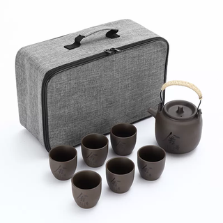 Yusenyi home with storage large capacity travel purple clay teapot handle bag retro tea set teapot large tea cup single complete set folding purple clay handle teapot with 6 cups with storage bag