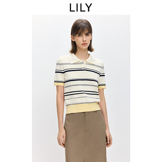 Lily2026 spring new fashionable simple polo collar contrast color stripes casual commuting short-sleeved knitted sweater women's 703 beige m