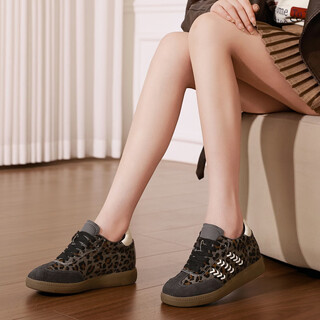 Iqxx invisible heightening 5.5 cm moral training shoes for women 2026 spring and autumn new retro leopard print stitching horse hair sneakers black single 34
