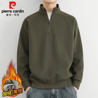 Pierre cardin sweatshirt men's fall and winter stand-up collar half-zip long-sleeved t-shirt men's fleece warm clothing olive green regular xl