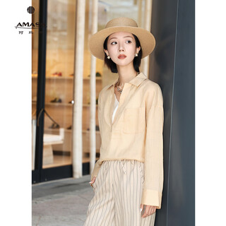 Amash new fashion simple casual long-sleeved profile lapel ramie shirt for women 530074 khaki (73) s (2)