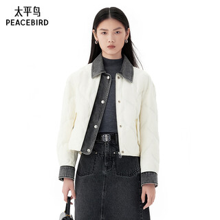 Peacebird women's down jacket autumn and winter denim shirt style splicing design short style small off-white s