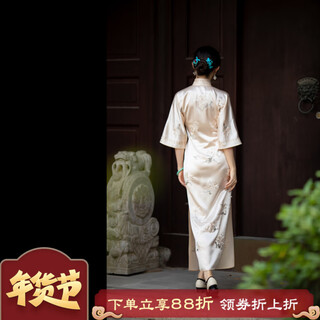 One city style catkins丨meng qingzhi丨embroidered retro republic of china style inverted large sleeves, full placket and stand collar cheongsam for daily use, beige positioning embroidery m