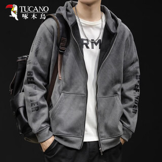 Woodpecker (tucano) zipper cardigan sweatshirt men's hooded spring style men's autumn large size men's spring and autumn sports coat 2025 new style dark gray spring and autumn style