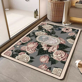 Fantasy soft diatom mud water-absorbent foot mat light luxury flower bathroom bathroom door non-slip quick-drying floor mat entry door carpet floral gray 60x90cm丨upgraded anti-slip bottom