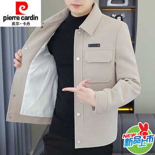 Pierre cardin lapel plus velvet thickened woolen jacket for young men handsome trendy brand versatile workwear jacket korean version warm woolen trend 2563 apricot m 105jin jin is equal to 0.5 kg within