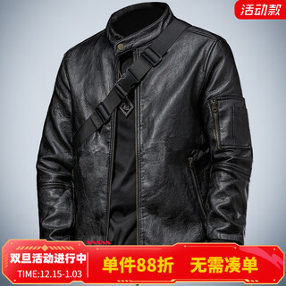 季言秋季男士2025新款皮夹克立领加棉加厚保暖美式复古机车皮衣外套男 黑色 M （适合100-115斤）