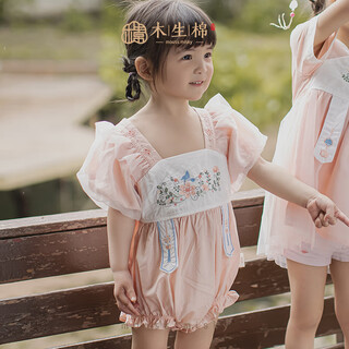 Wooden cotton baby girl short-sleeved fart cover summer thin one-piece clothes baby tencel cool triangle harem chinese style hanfu pink 80cm