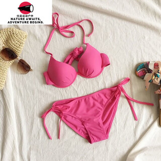 Baichao bikini swimsuit female underwire push-up beach vacation pink big breast sexy three-point swimsuit split hot girl pink m (80-95jin jin is equal to 0.5 kg)